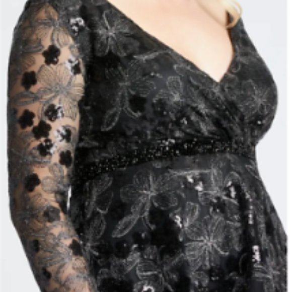 MAC DUGGAL LONG SLEEVE SEQUIN LACE MIDI COCKTAIL BLACK DRESS sz 18W - Picture 3 of 3